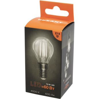 Лампа филаментная REXANT Шарик GL45 7,5Вт 600Лм 4000K E14 диммируемая, прозрачная колба